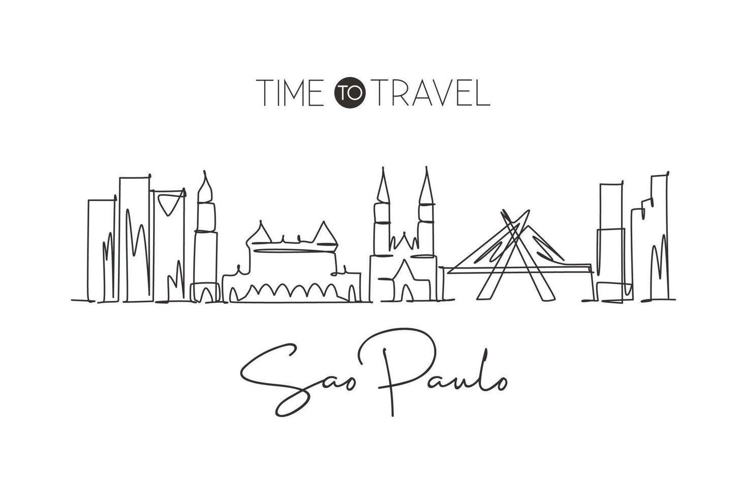 Single continuous line drawing Sao Paulo city skyline, Brazil. Famous city scraper landscape. World travel destination postcard concept. Editable stroke modern one line draw design vector illustration