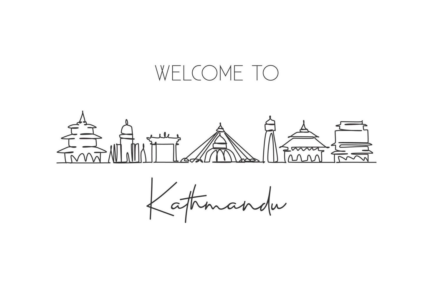 One continuous line drawing of Kathmandu city skyline, Nepal. Beautiful landmark postcard. World landscape tourism travel vacation. Editable stylish stroke single line draw design vector illustration