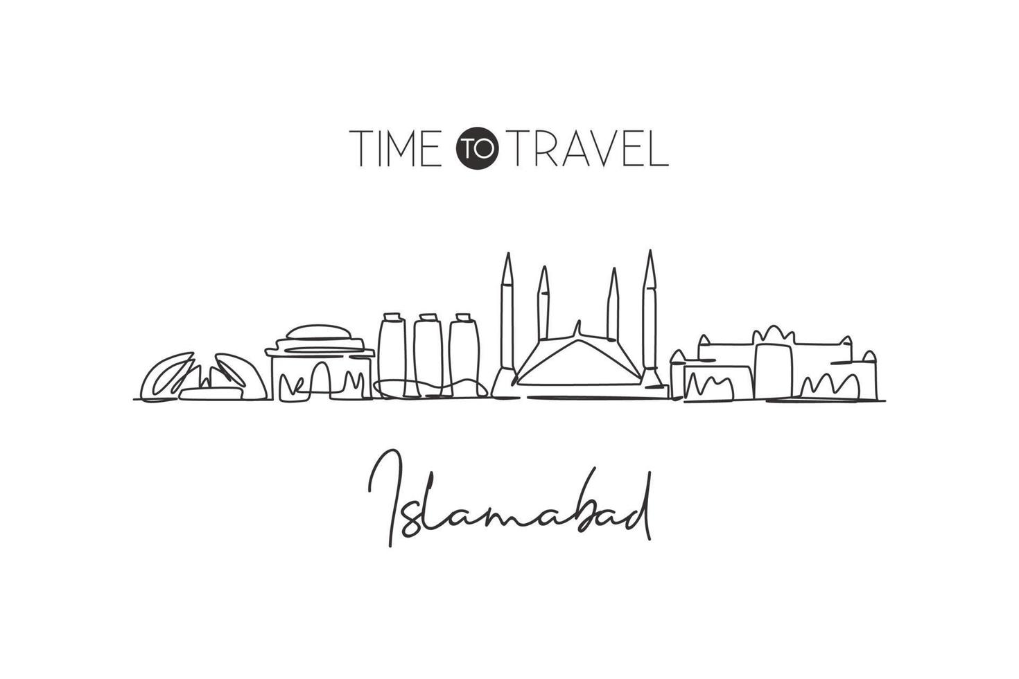 One single line drawing of Islamabad city skyline, Pakistan. Historical town landscape home wall decor poster print. Best holiday destination. Trendy continuous line draw design vector illustration