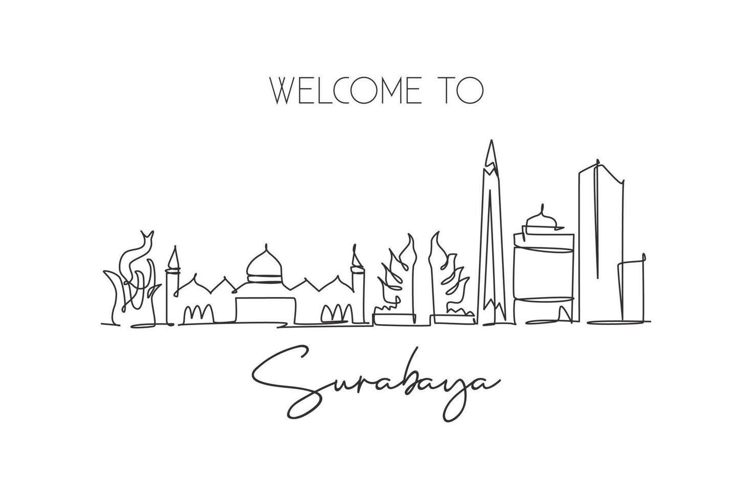 One single line drawing of Surabaya city skyline Indonesia. Historical town landscape home wall decor poster print art. Best holiday destination. Trendy continuous line draw design vector illustration