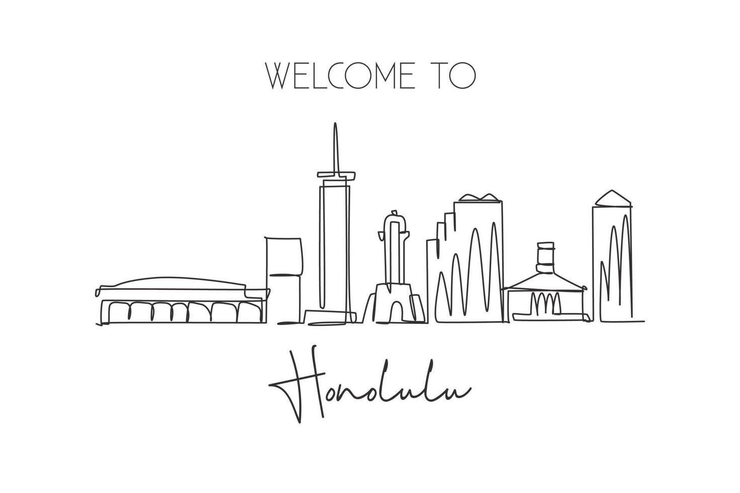 One continuous line drawing of Honolulu city skyline, Hawaii. Beautiful landmark. World landscape tourism travel home wall decor poster print art. Stylish single line draw design vector illustration