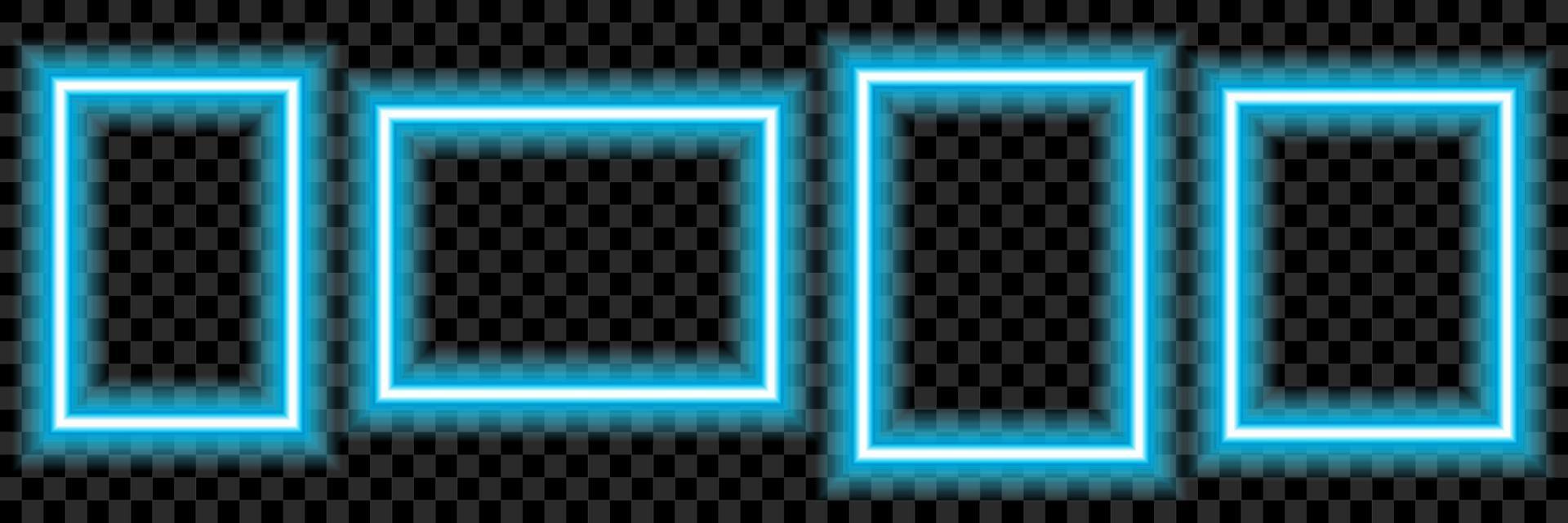 Set of square neon light on a transparent background. Neon frame for your design. Vector illustration.