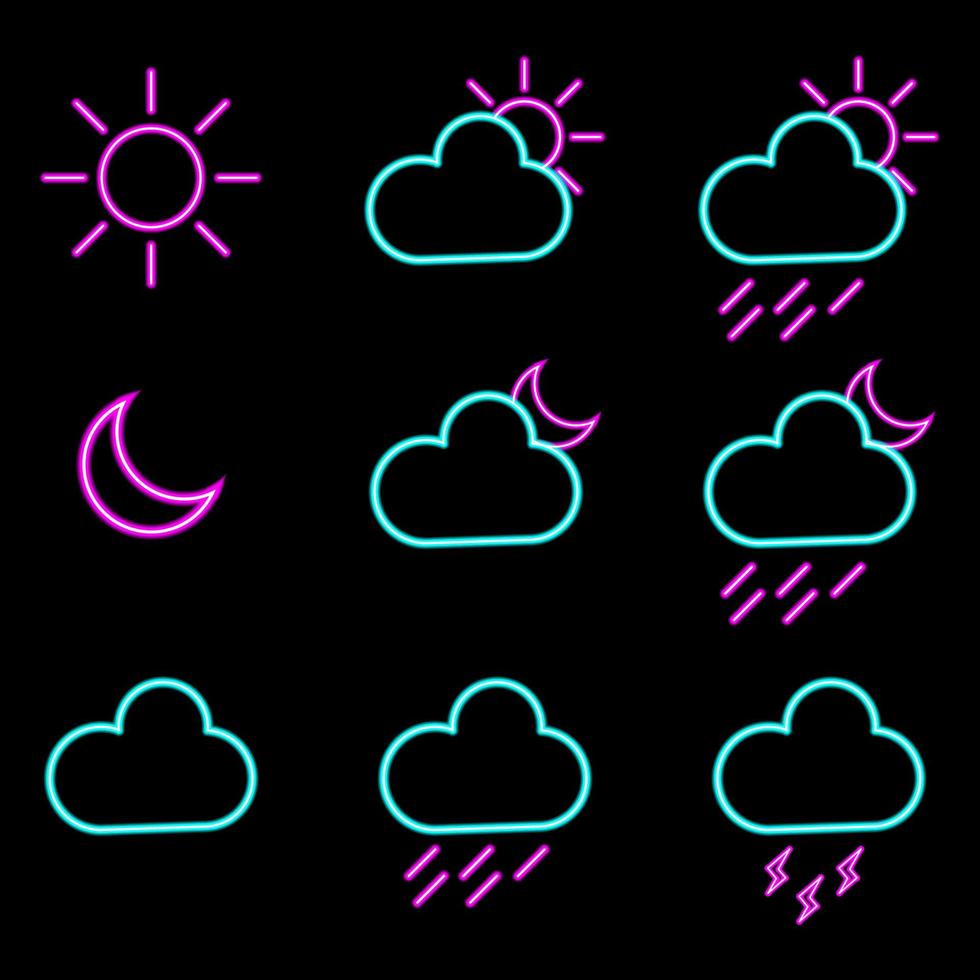 Weather forecast neon light icons set. Vector illustration