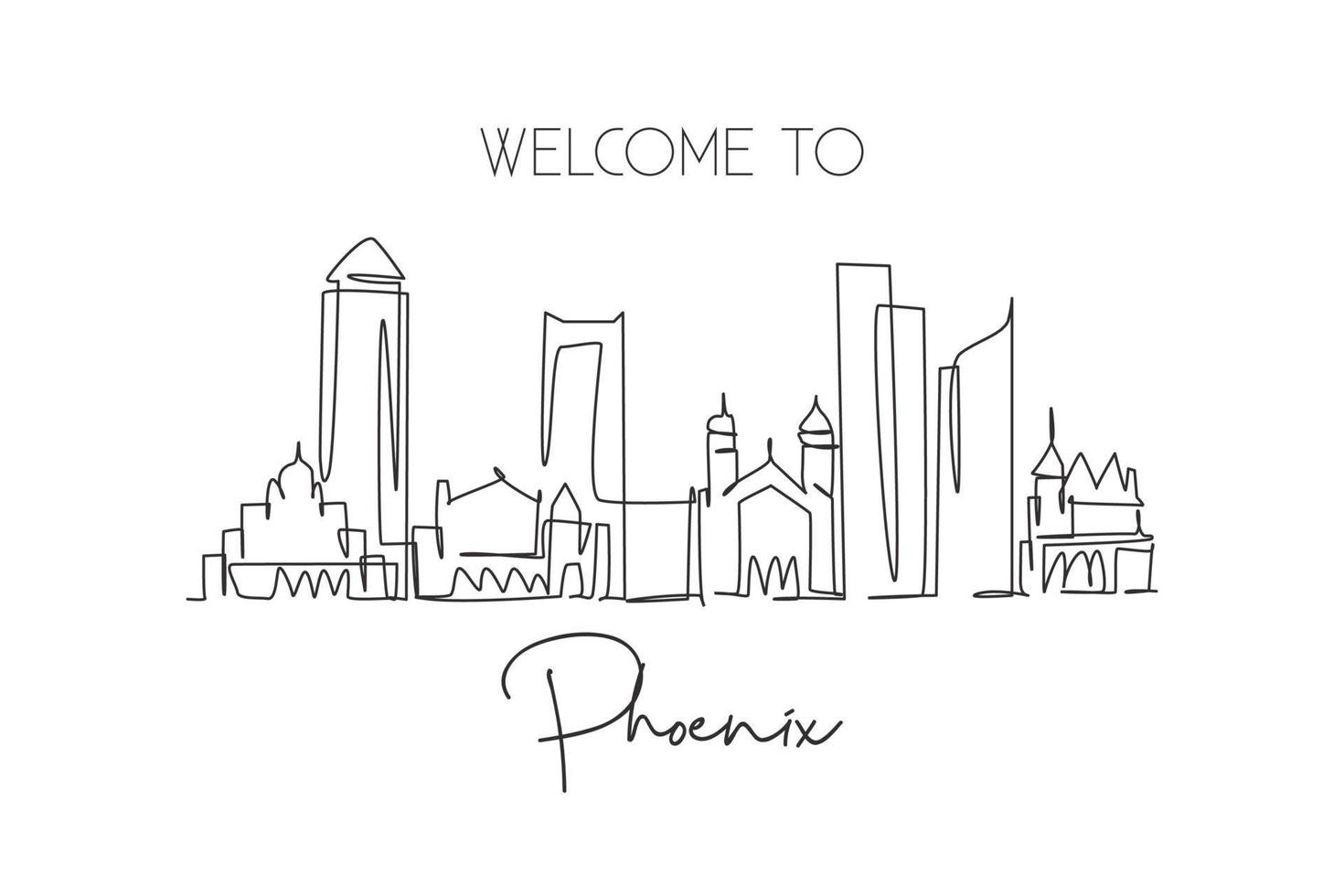 One continuous line drawing of Phoenix city skyline, United States. Beautiful landmark. World landscape tourism and travel vacation. Editable stylish stroke single line draw design vector illustration