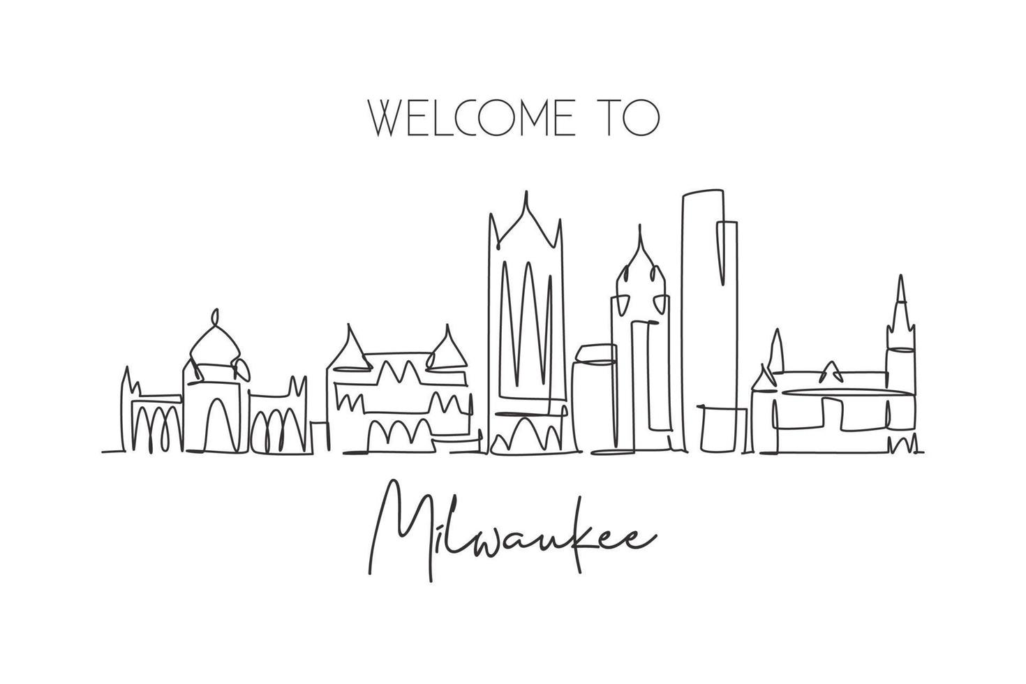 One single line drawing of Milwaukee city skyline, USA. Historical town landscape. Best holiday destination home wall decor poster print art. Trendy continuous line draw design vector illustration