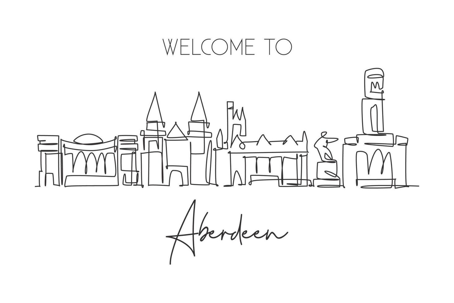 One single line drawing of Aberdeen city skyline, Scotland. Historical town landscape in the world. Best holiday destination wall decor poster. Trendy continuous line draw design vector illustration