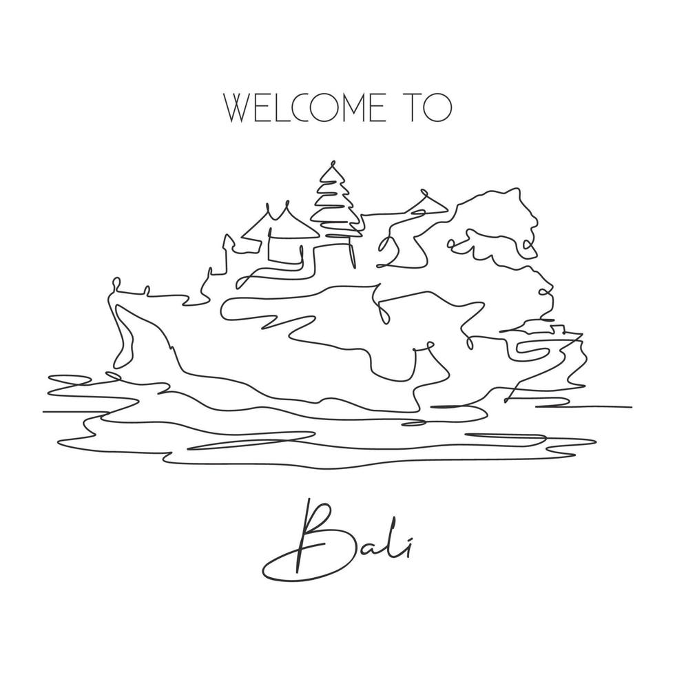 One single line drawing of Tanah Lot landmark. World famous natural hill in Bali, Indonesia. Tourism travel postcard home wall decor art concept. Modern continuous line draw design vector illustration