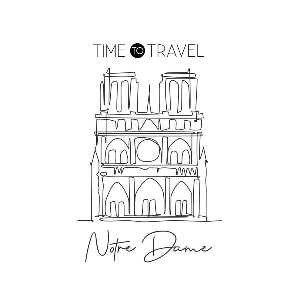 One continuous line drawing Notre Dame landmark. World iconic place in Paris, France. Holiday vacation home wall decor art poster print concept. Modern single line draw design vector illustration