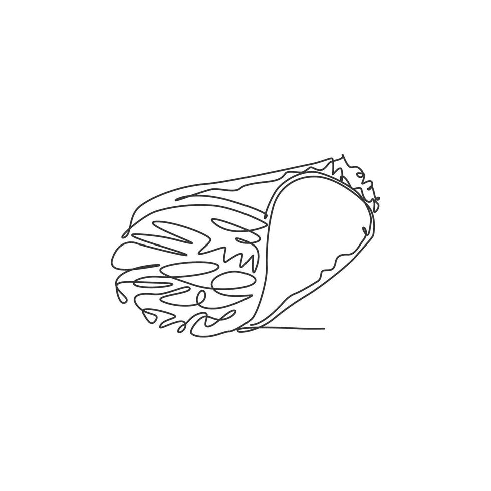 un dibujo de línea continua del delicioso emblema del logotipo del restaurante de burritos en línea mexicanos frescos. concepto de plantilla de logotipo de tienda de café nacho de comida rápida. ilustración de vector de diseño de dibujo de línea única moderna