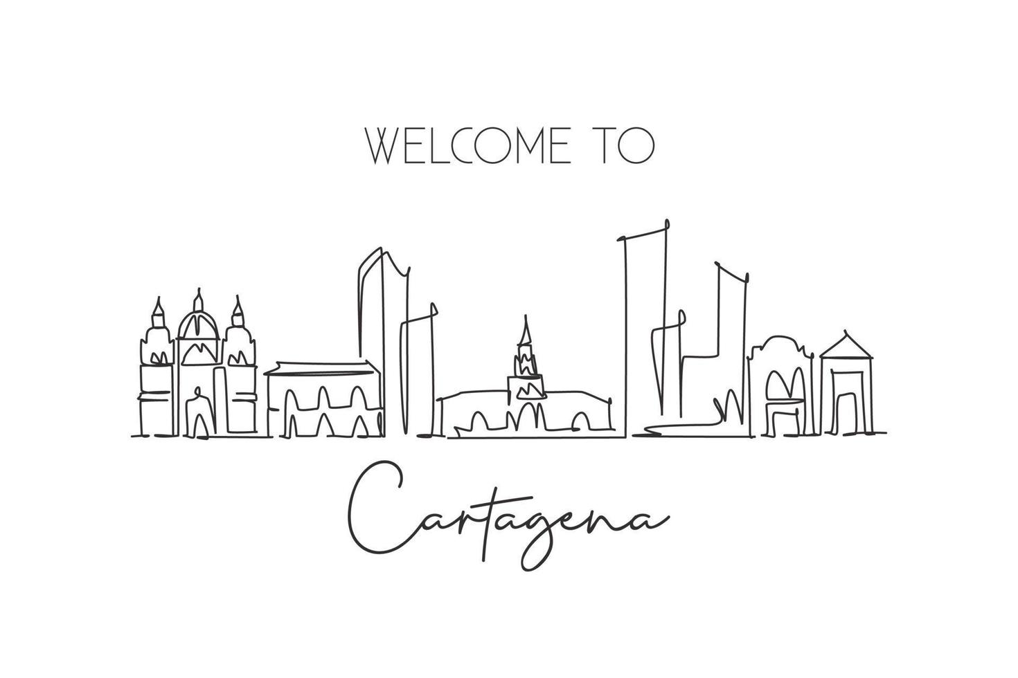 Single continuous line drawing of Cartagena skyline, Colombia. Famous city scraper landscape postcard. World travel destination concept. Editable stroke modern one line draw design vector illustration