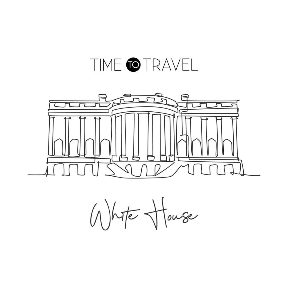 One continuous line drawing White House landmark. World iconic place in Washington DC, USA. Wall decor home art poster print and postcard concept. Modern single line draw design vector illustration