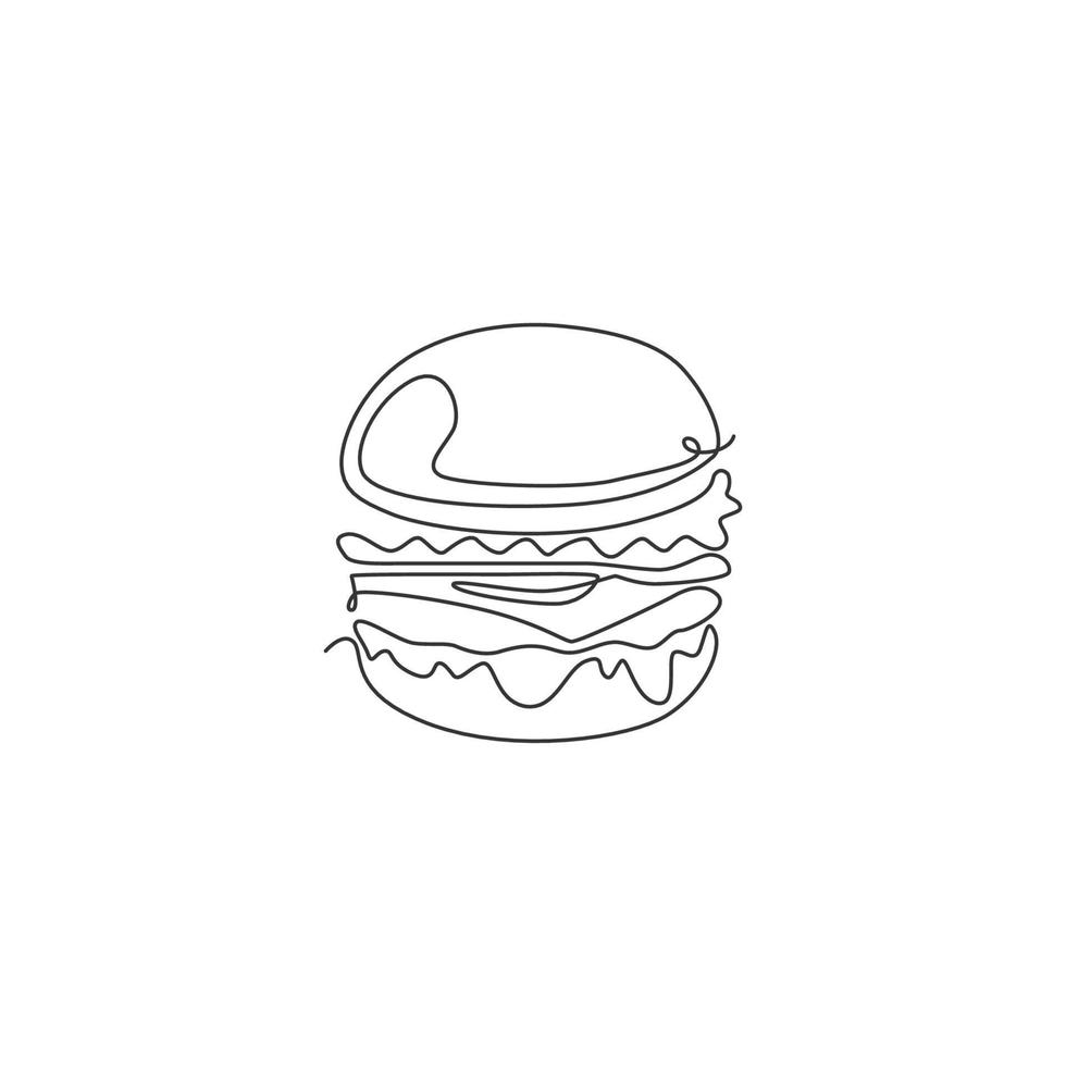 Single continuous line drawing American burger logo label. Emblem fast food sandwich restaurant concept. Modern one line draw design graphic vector illustration for cafe, shop or food delivery service