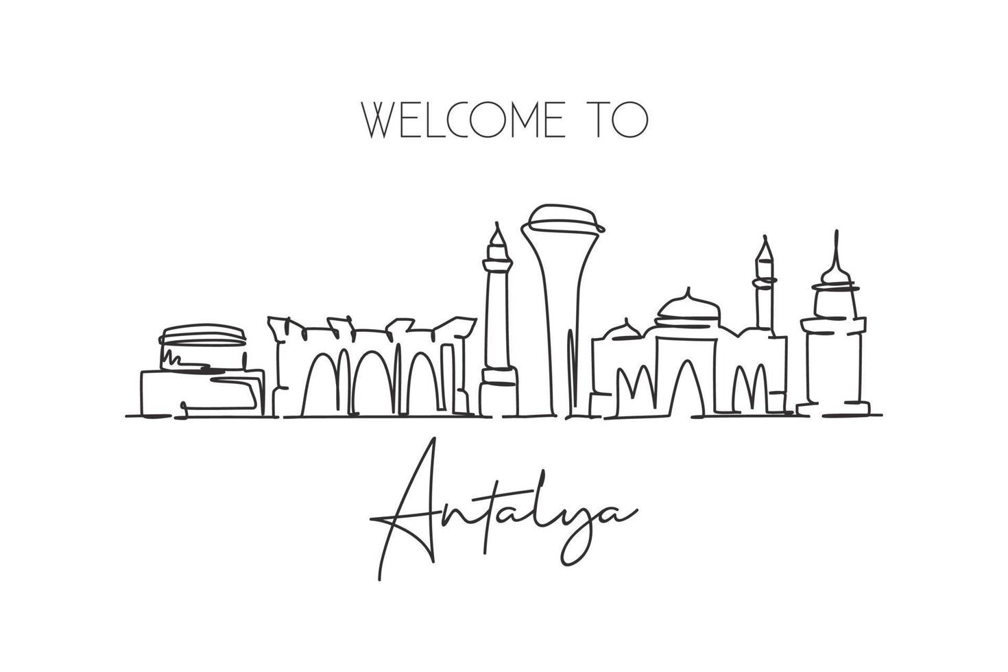 una sola línea dibujando el horizonte de la ciudad de antalya, turquía. paisaje histórico mundial de la ciudad. la mejor postal de destino de vacaciones. ilustración de vector de diseño de dibujo de línea continua de moda de trazo editable