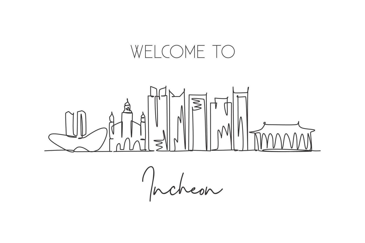 Single continuous line drawing Incheon skyline, South Korea. Famous city scraper landscape postcard. World travel destination concept. Editable stroke modern one line draw design vector illustration