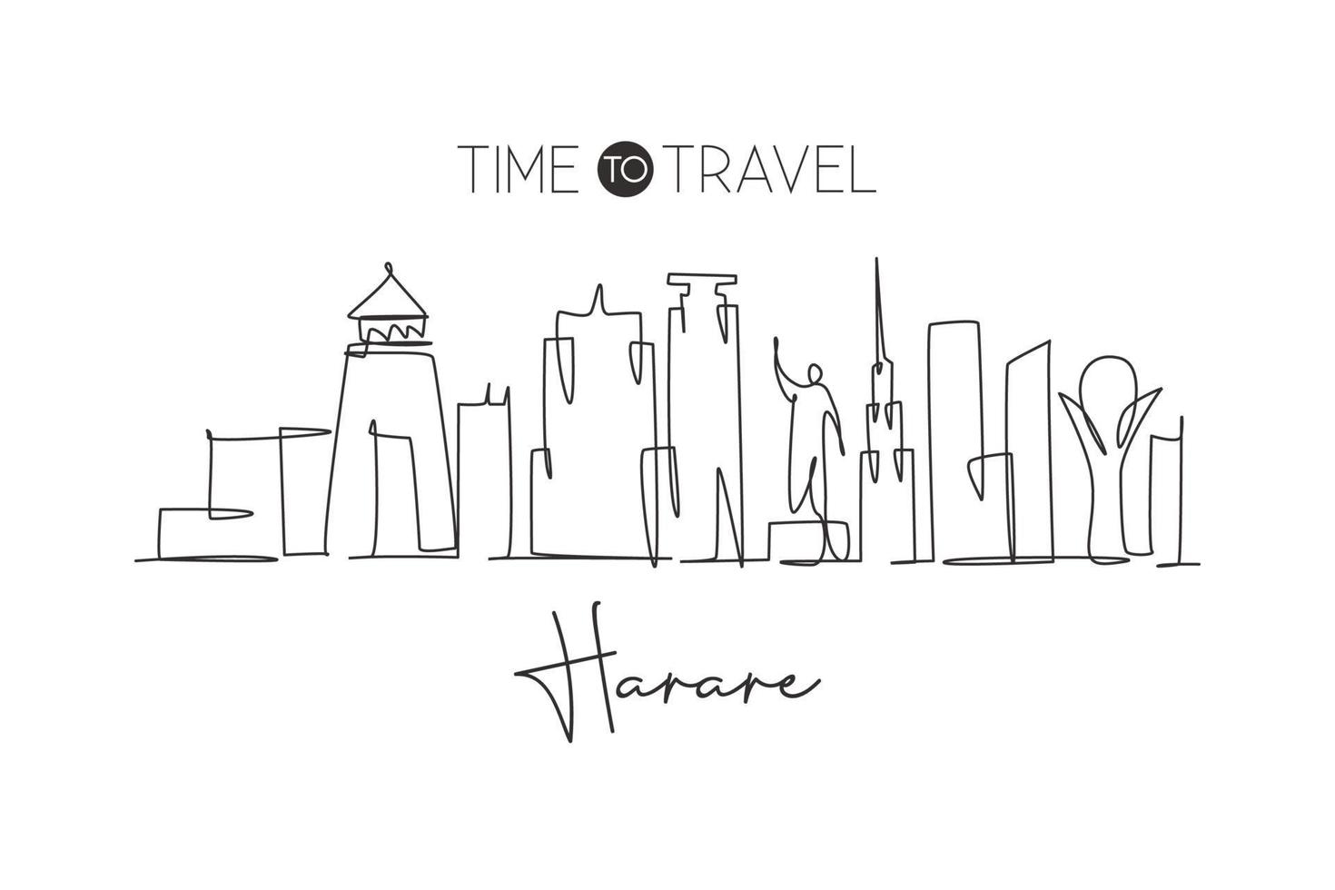 One single line drawing of city Harare skyline, Zimbabwe. Historical place landscape in world postcard. Best holiday destination. Editable stroke trendy continuous line draw design vector illustration