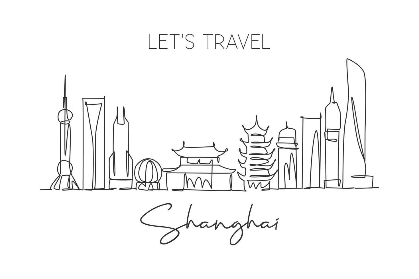 One single line drawing of Shanghai city skyline, China. Historical town landscape in world. Best holiday destination. Editable stroke trendy continuous line draw design vector graphic illustration