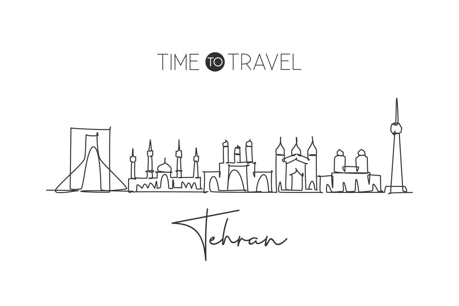 One single line drawing of Tehran or Teheran city skyline Iran. Historical town landscape in the world. Best holiday destination. Editable stroke trendy continuous line draw design vector illustration