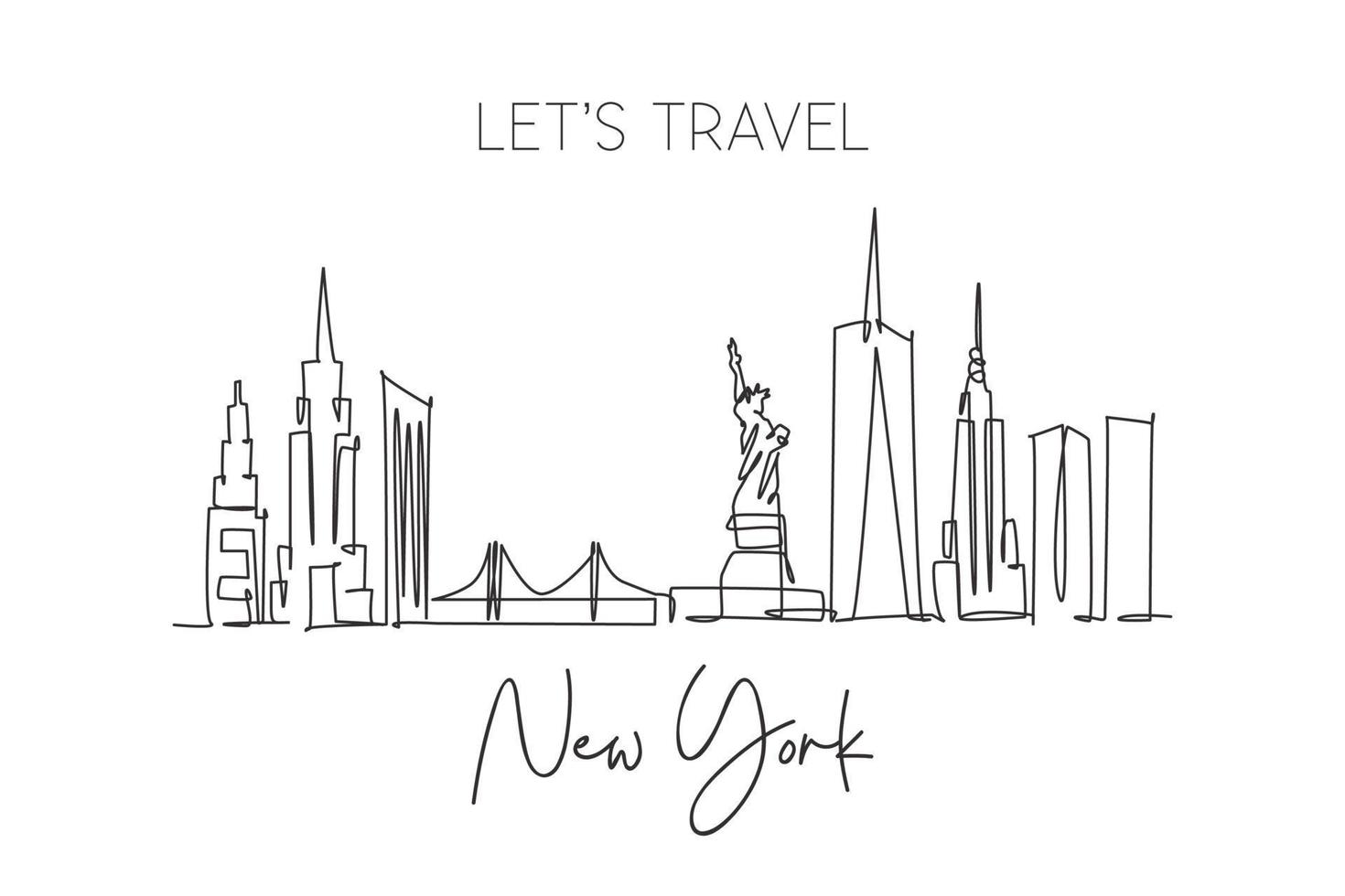 One single line drawing New York city skyline United States. Historical town landscape in world. Best holiday destination poster. Editable stroke trendy continuous line draw design vector illustration