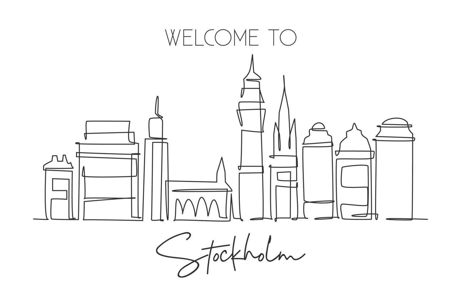 One continuous line drawing of Stockholm city skyline, Sweden. Beautiful landmark. World landscape tourism travel home wall decor art poster print. Stylish single line draw design vector illustration