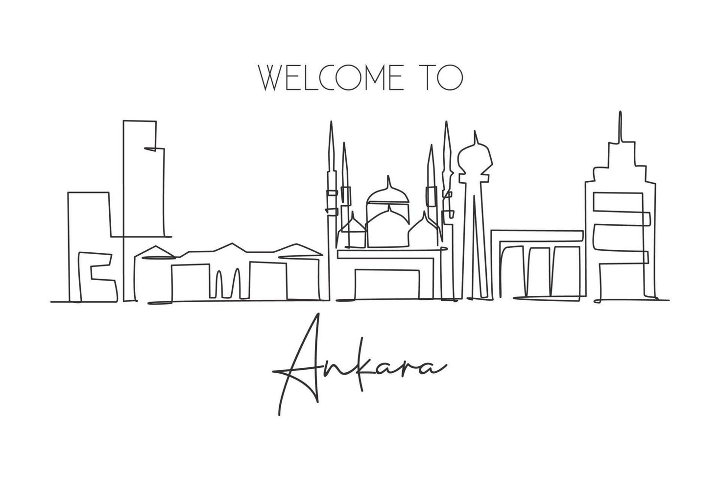 Single continuous line drawing of Ankara city skyline, Turkey. Famous city scraper landscape. World travel home wall decor art poster print concept. Modern one line draw design vector illustration