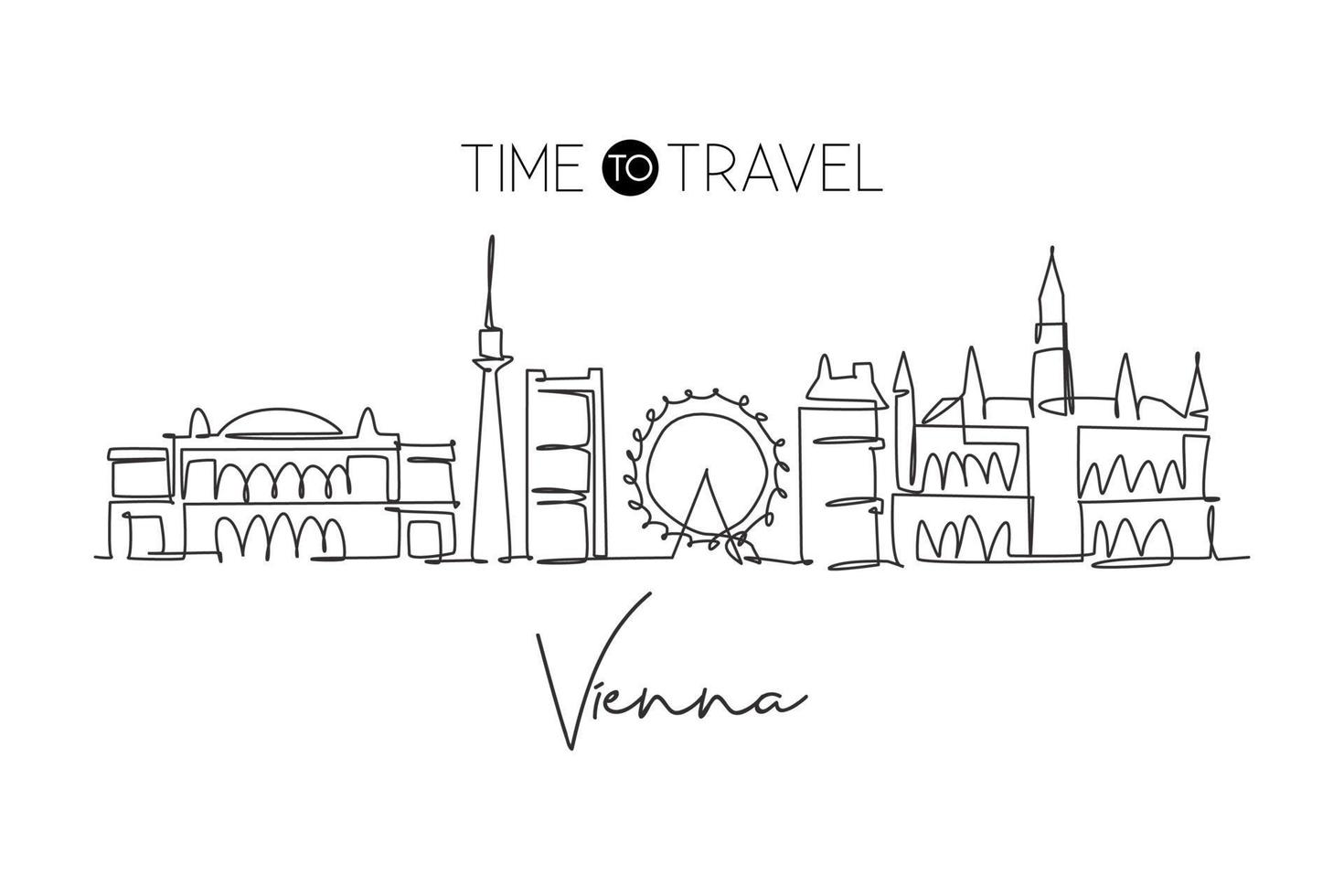 One continuous line drawing of Vienna city skyline, Austria. Beautiful landmark. World landscape tourism travel vacation poster. Editable stylish art stroke single line draw design vector illustration