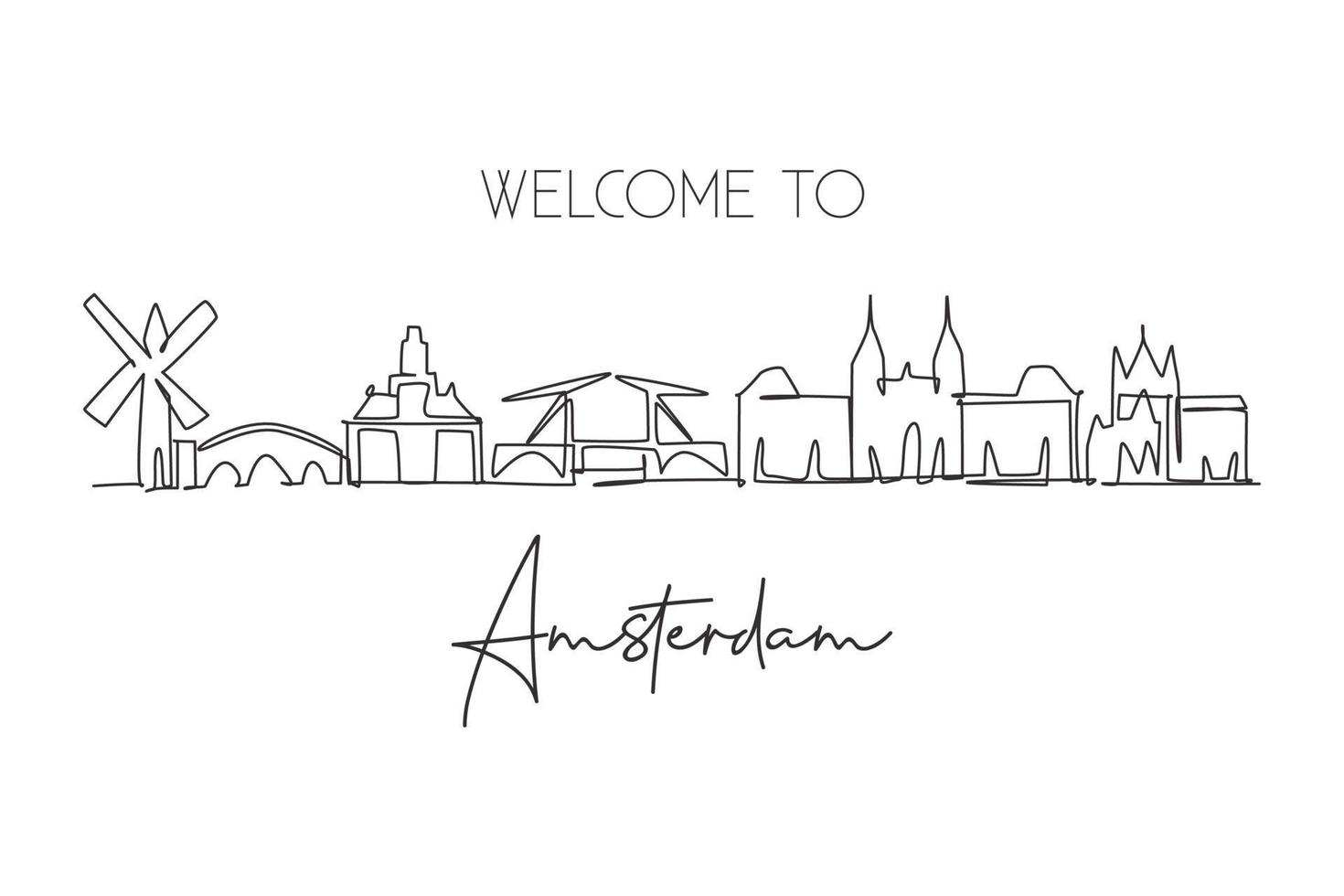 Single continuous line drawing of Amsterdam city skyline, Netherlands. Famous skyscraper landscape postcard. World travel wall decor poster art concept. Modern one line draw design vector illustration