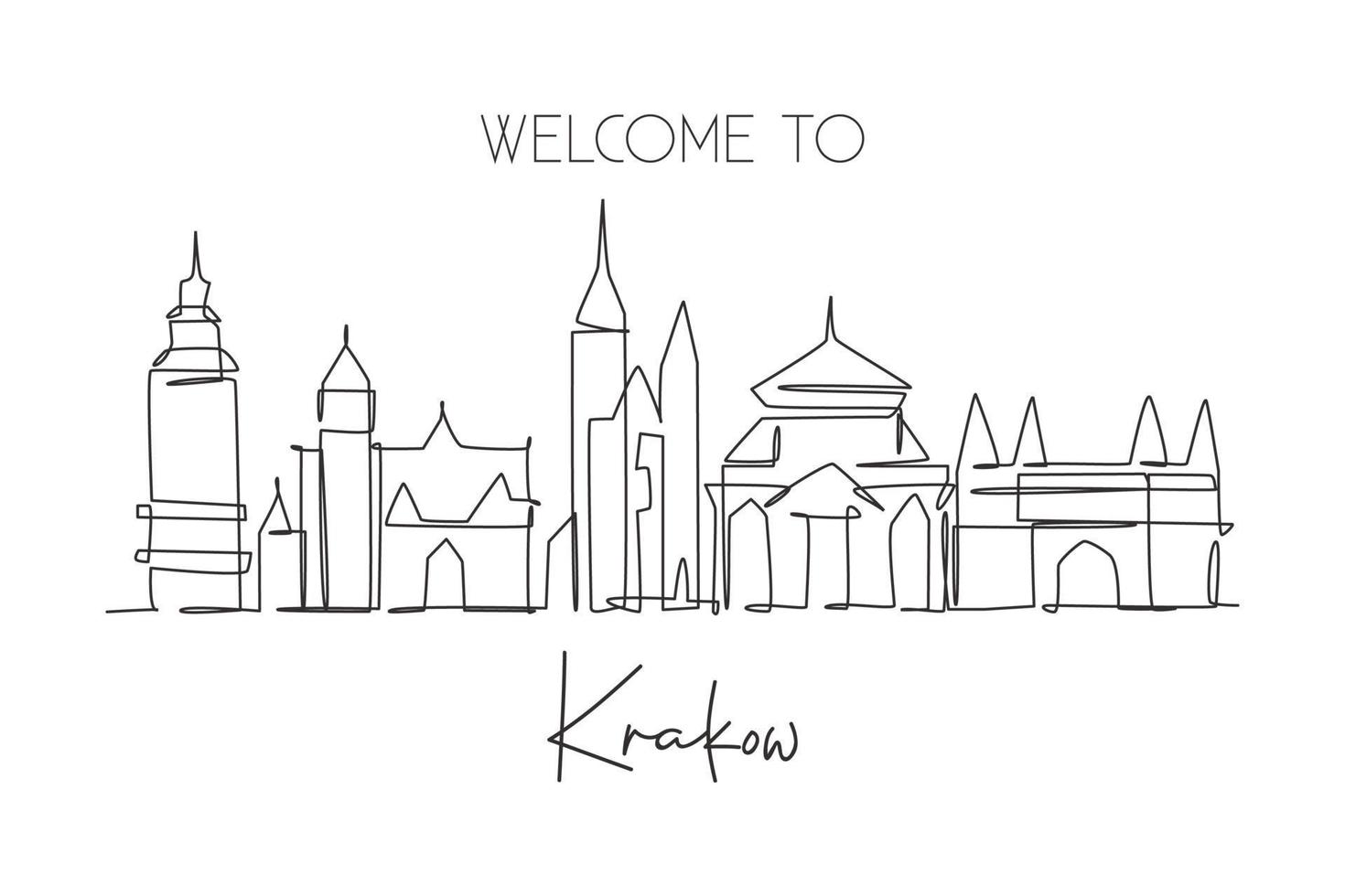 One single line drawing of Krakow city skyline, Poland. Historical skyscraper landscape postcard. Best holiday destination wall decor poster art. Trendy continuous line draw design vector illustration