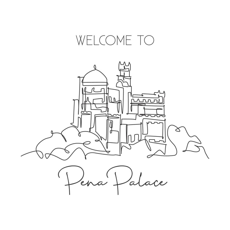 One single line drawing Pena Palace landmark. World famous iconic castle in Sintra, Portugal. Tourism travel home wall decor postcard poster concept. Continuous line draw design vector illustration