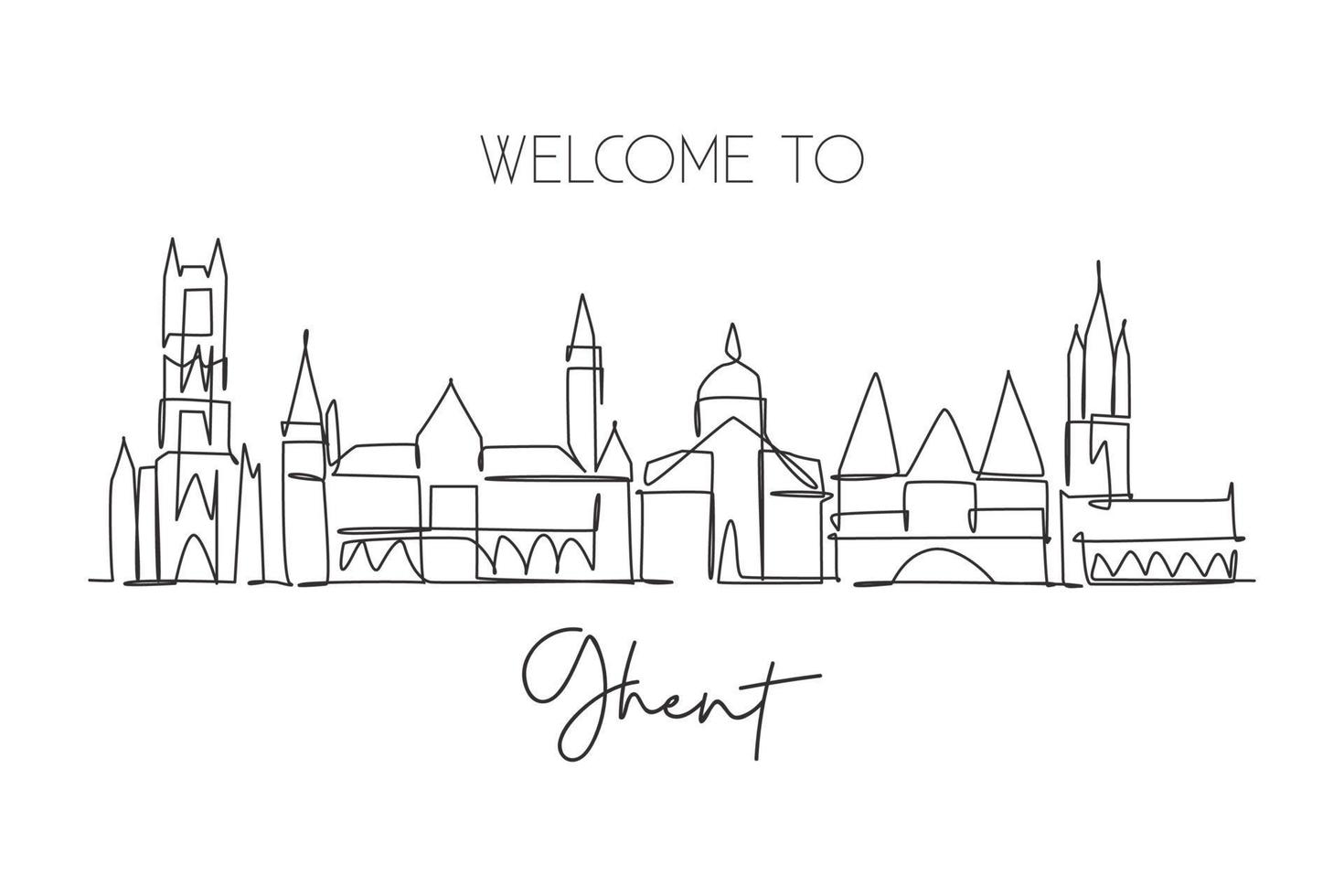 One single line drawing of Ghent city skyline, Belgium. Historical skyscraper landscape in world. Best holiday destination wall decor poster art. Trendy continuous line draw design vector illustration