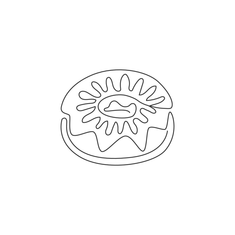 un dibujo de línea continua del emblema del logotipo del restaurante de donuts americanos dulces frescos y deliciosos. concepto de plantilla de logotipo de tienda de café donut de comida rápida. ilustración de vector de diseño de dibujo de línea única moderna