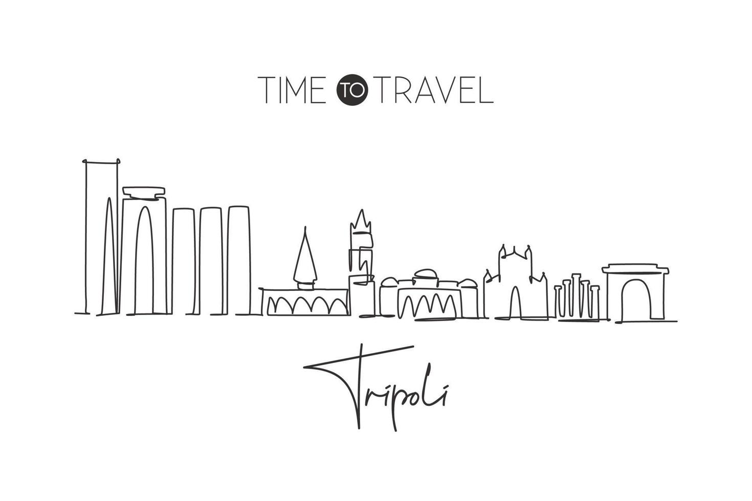 Single continuous line drawing of Tripoli city skyline, Libya. Famous city scraper and landscape home wall decor art poster print. World travel concept. Modern one line draw design vector illustration