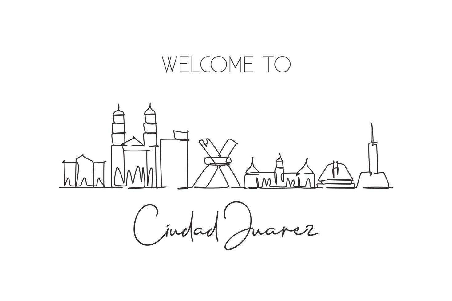 Single continuous line drawing of Ciudad Juarez skyline, . Famous city scraper landscape. World travel destination postcard concept. Editable stroke modern one line draw design art vector illustration