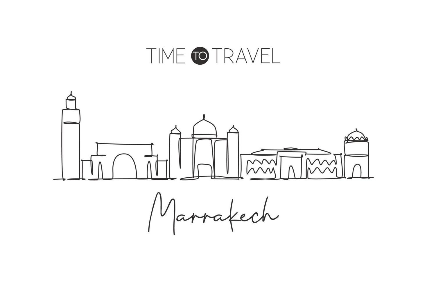 One single line drawing of Marrakesh city skyline, Morocco. Historical town landscape in the world. Best holiday destination. Editable stroke trendy continuous line draw design vector art illustration