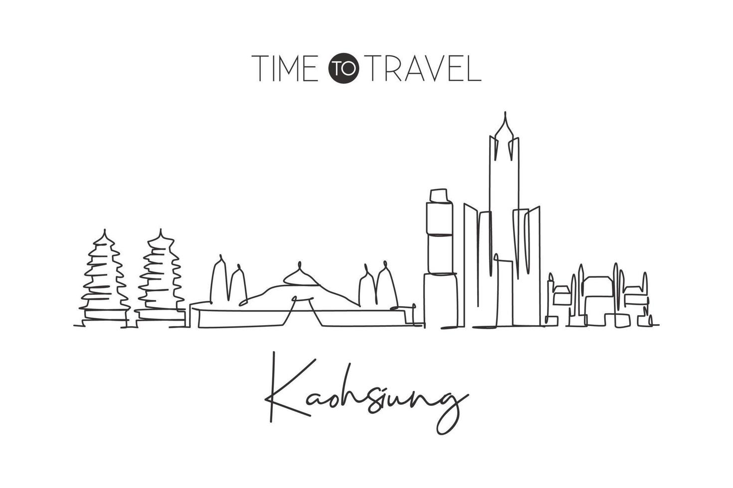 Single continuous line drawing of Kaohsiung city skyline, Taiwan. Famous city scraper landscape home wall decor art poster print. World travel concept. Modern one line draw design vector illustration