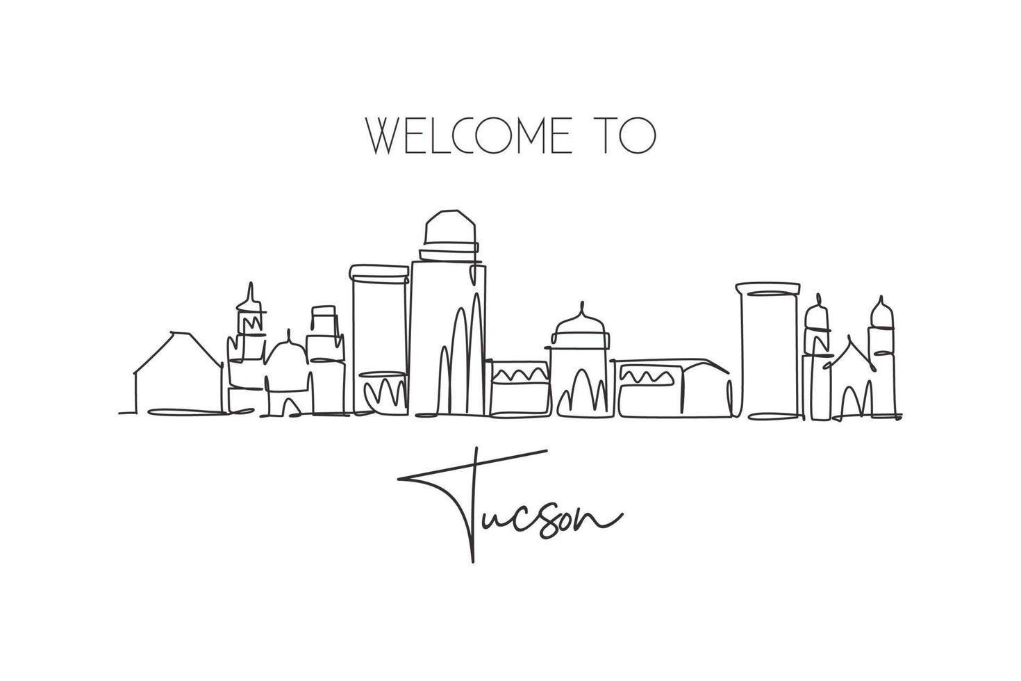 Single continuous line drawing of Tucson city skyline, Arizona. Famous city scraper landscape. World travel concept home wall decor art poster print. Modern one line draw design vector illustration
