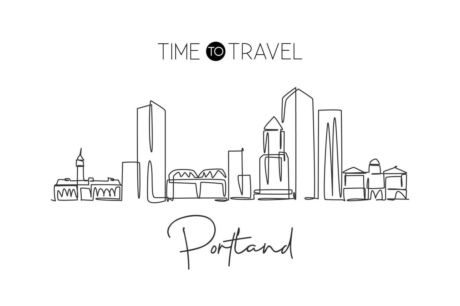 One single line drawing of Portland city skyline United States. Historical town landscape in the world. Best holiday destination. Editable stroke trendy continuous line draw design vector illustration