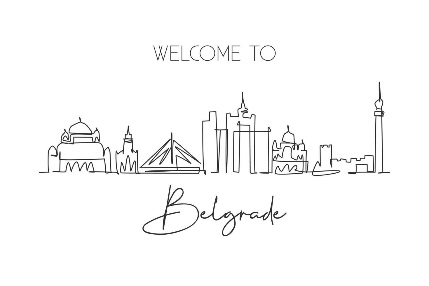 Single continuous line drawing of Belgrade city skyline, Serbia. Famous city scraper landscape. World travel concept home decor wall art poster print. Modern one line draw design vector illustration