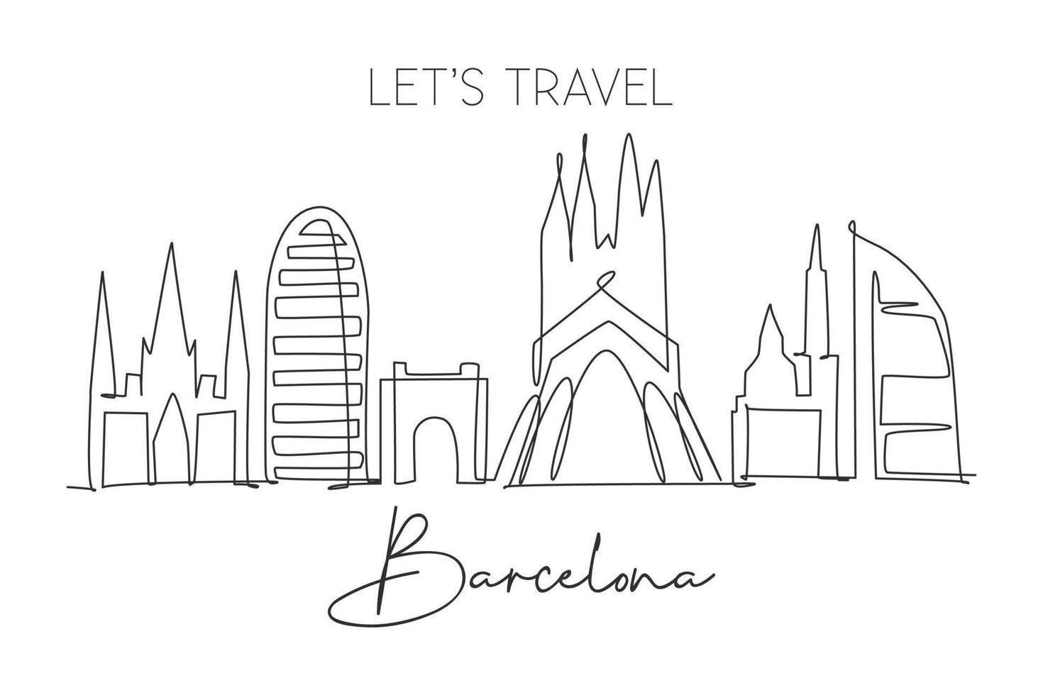 One continuous line drawing of Barcelona city skyline, Spain. Beautiful skyscraper. World landscape tourism travel vacation wall decor poster print. Stylish single line draw design vector illustration