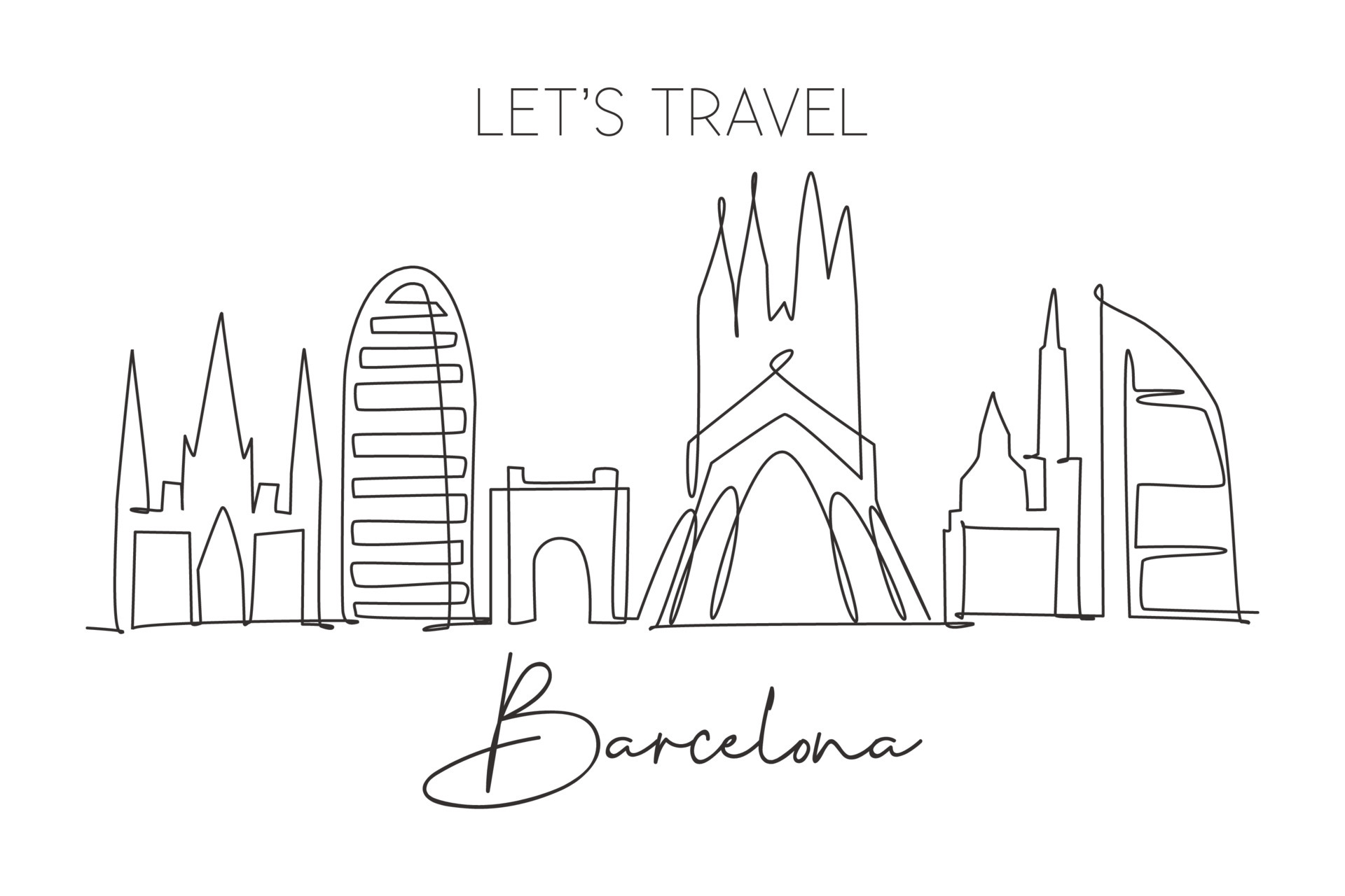 One continuous line drawing of Barcelona city skyline, Spain. Beautiful