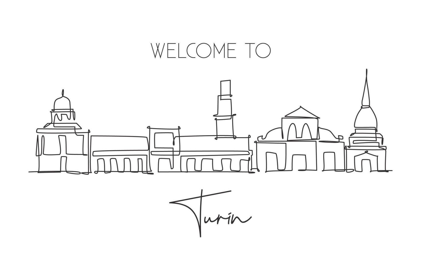 One continuous line drawing of Turin city skyline, Italy. Beautiful skyscraper. World landscape tourism travel vacation concept wall decor poster. Stylish single line draw design vector illustration