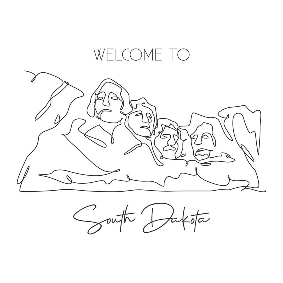 Single continuous line drawing Mount Rushmore National Memorial landmark. Famous place in South Dakota, USA. Travel tour home wall decor poster print. Modern one line draw design vector illustration