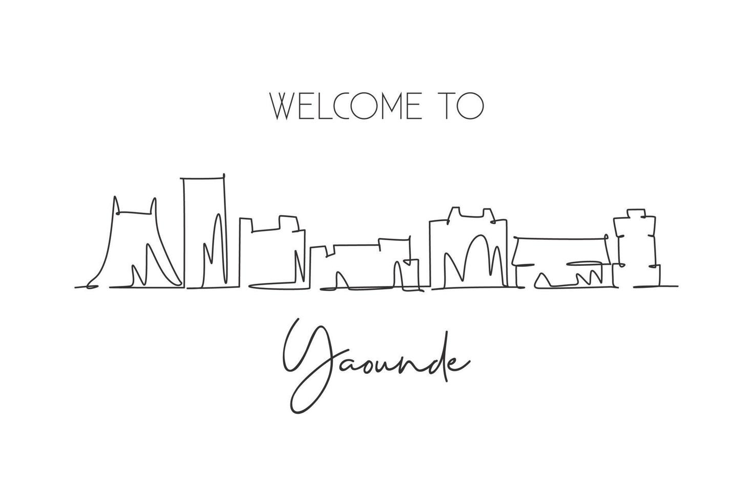 Single continuous line drawing Yaounde city skyline, Cameroon. Famous city scraper and landscape home decor wall art poster print. World travel concept. Modern one line draw design vector illustration
