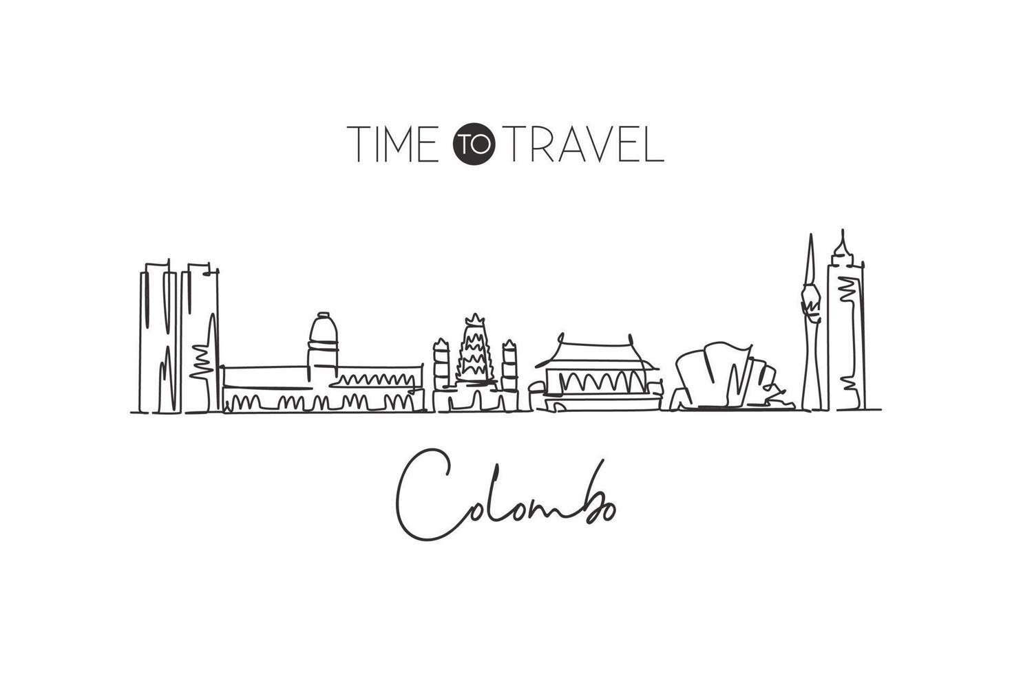 Single continuous line drawing Colombo skyline, Sri Lanka. Famous city scraper landscape home wall decor poster print. World travel destination concept. Modern one line draw design vector illustration