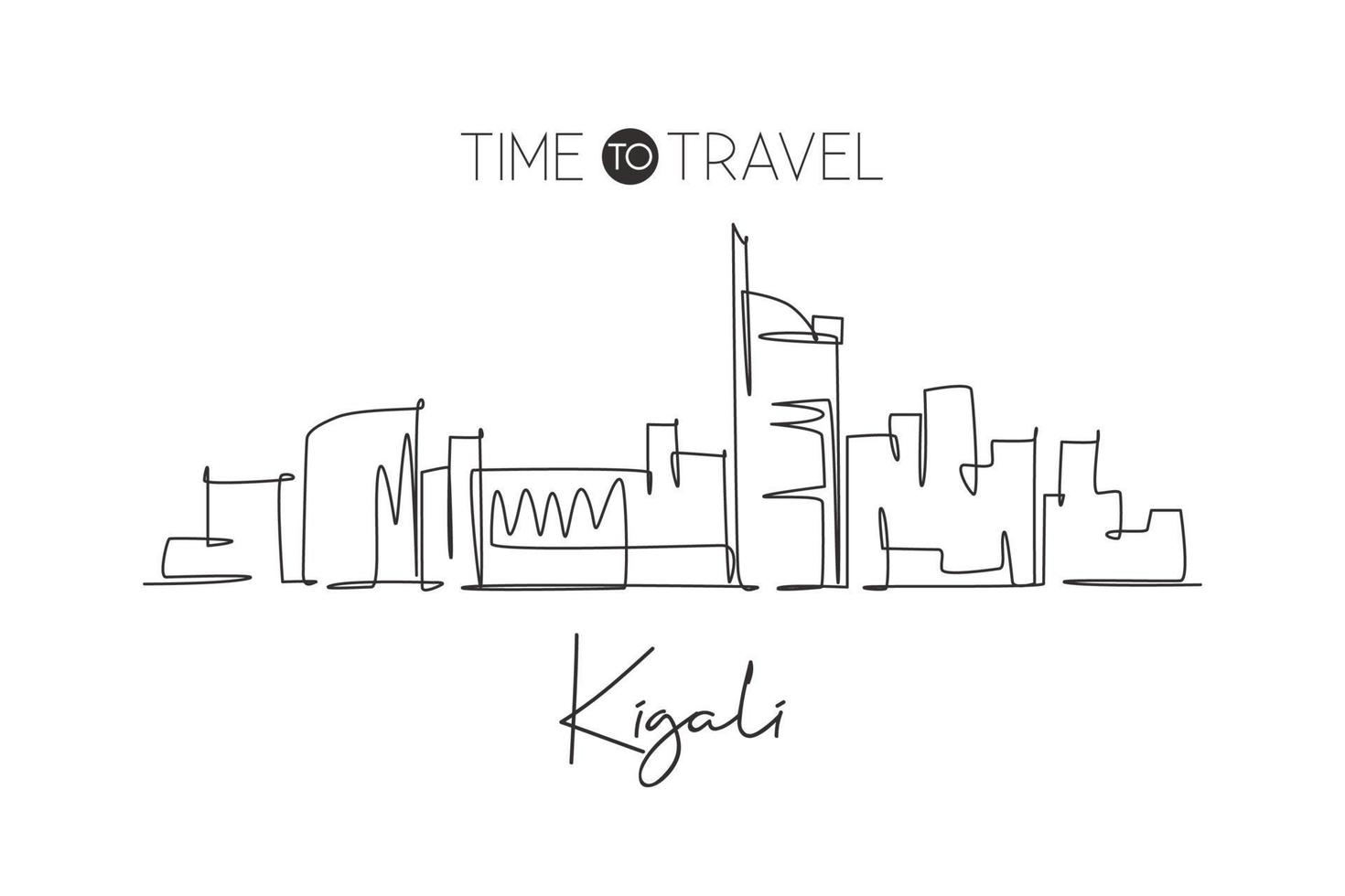 Single continuous line drawing of Kigali city skyline, Rwanda. Famous city scraper and landscape home wall decor poster print art. World travel concept. Modern one line draw design vector illustration