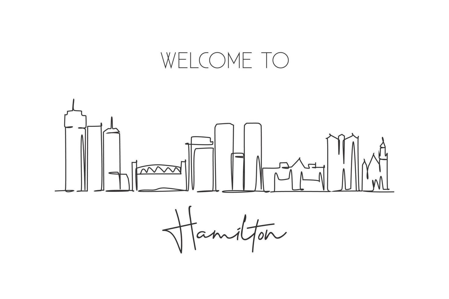 Single continuous line drawing Hamilton skyline, Canada. Famous city scraper landscape. World travel destination postcard print concept. Editable stroke modern one line draw design vector illustration