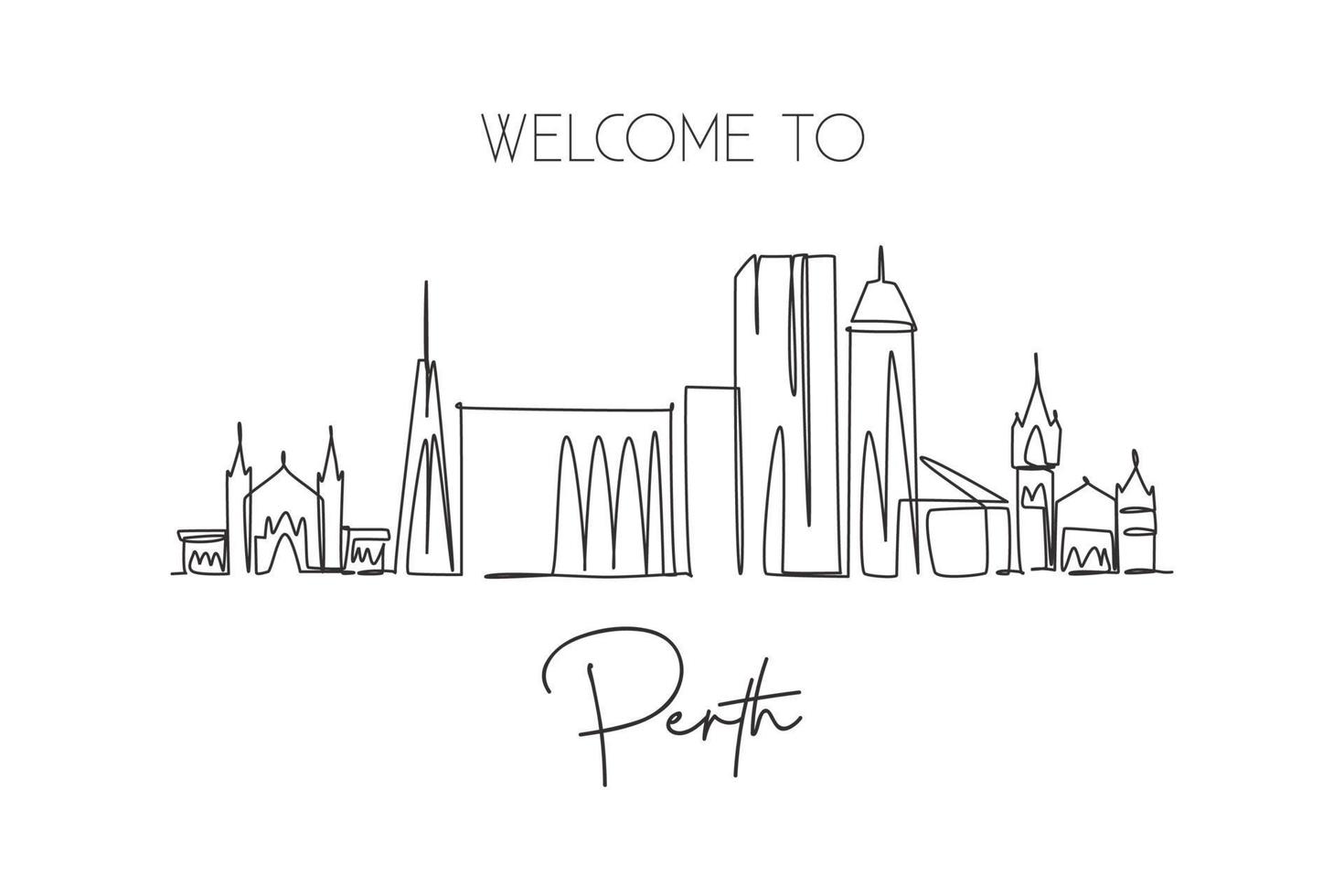 One single line drawing of Perth city skyline, Australia. Historical town landscape. Best holiday destination home decor wall art poster print. Trendy continuous line draw design vector illustration