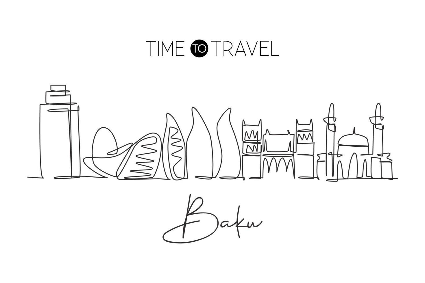 One continuous line drawing of Baku city skyline, Azerbaijan. Beautiful landmark. World landscape tourism travel vacation poster. Editable stylish stroke single line draw design vector illustration