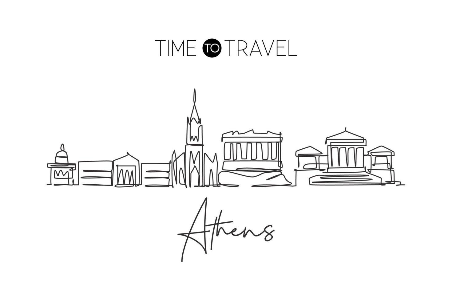 One continuous line drawing of Athens city skyline, Greece. Beautiful landmark. World landscape tourism travel vacation poster art. Editable stylish stroke single line draw design vector illustration