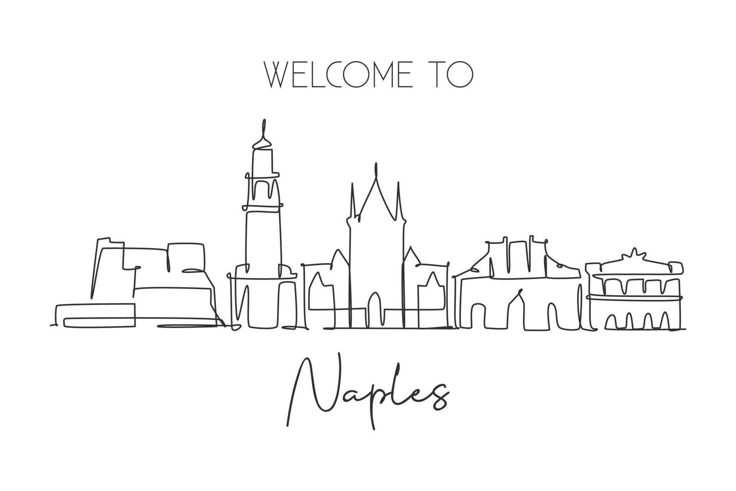 One single line drawing of Naples city skyline, Italy. Historical skyscraper landscape in world. Best holiday destination wall decor poster art. Trendy continuous line draw design vector illustration