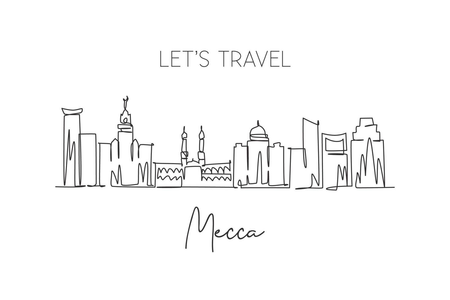 One single line drawing of Mecca city skyline, Saudi Arabia. World historical town landscape. Best holiday destination. Editable stroke trendy continuous line draw design vector graphic illustration